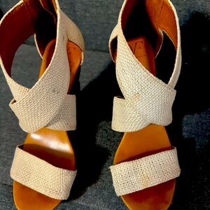 Diane Von Furstenberg canvas on brown leather zip back wedge heel sandals